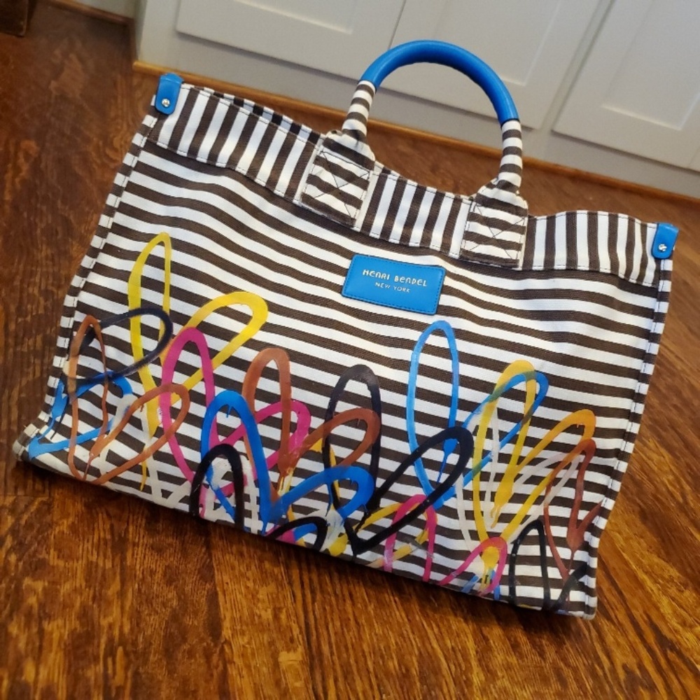 henri bendel Black & White Striped Tote with Multicolor Graffiti Accents